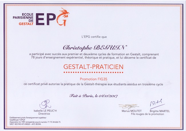 Certificat Gestalt-praticien Ecole Parisienne de Gestalt