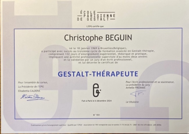 Certificat Gestalt-thérapeute Ecole Parisienne de Gestalt