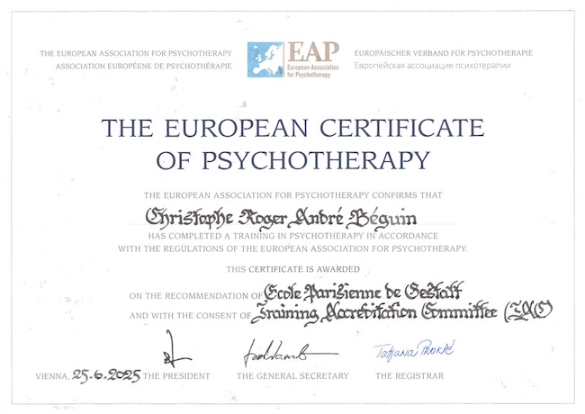European Certificate of Psychotherapy délivré par the European Association of Psychotherapy